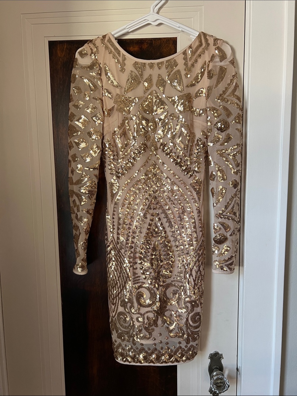 Windsor Gold Sequin Long-Sleeve Nude Bodycon Dress